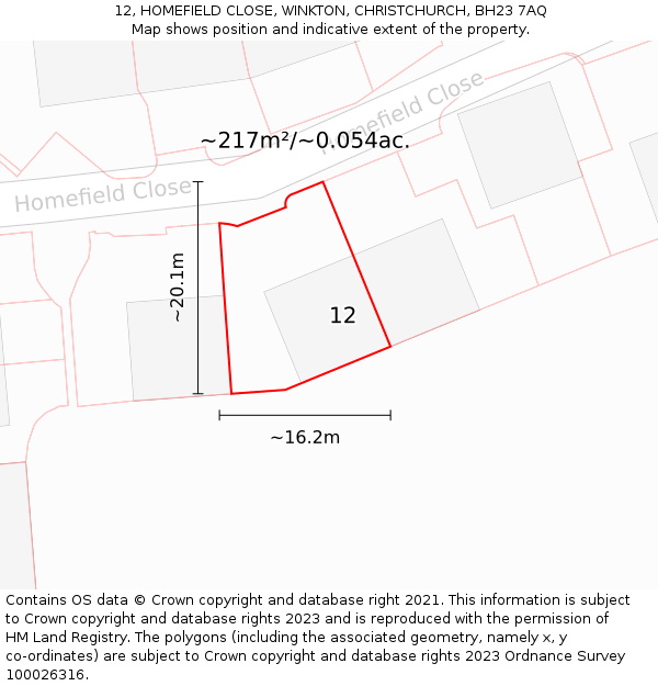 12, HOMEFIELD CLOSE, WINKTON, CHRISTCHURCH, BH23 7AQ: Plot and title map