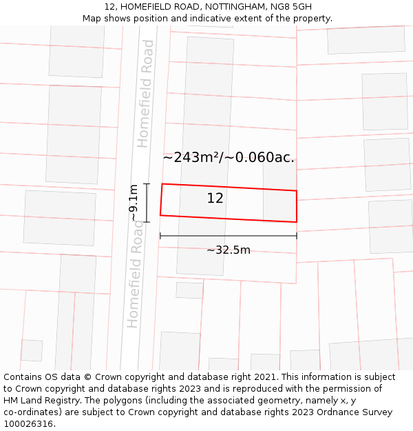 12, HOMEFIELD ROAD, NOTTINGHAM, NG8 5GH: Plot and title map