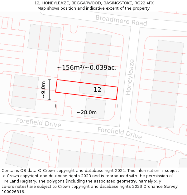 12, HONEYLEAZE, BEGGARWOOD, BASINGSTOKE, RG22 4FX: Plot and title map