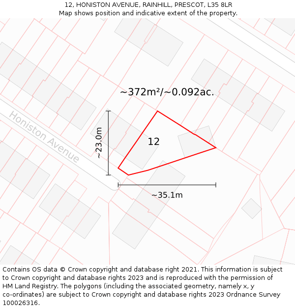 12, HONISTON AVENUE, RAINHILL, PRESCOT, L35 8LR: Plot and title map