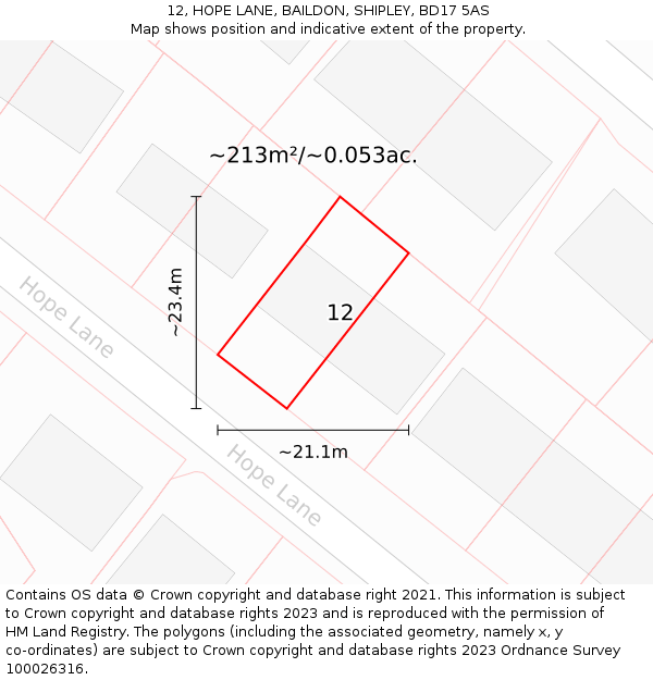 12, HOPE LANE, BAILDON, SHIPLEY, BD17 5AS: Plot and title map