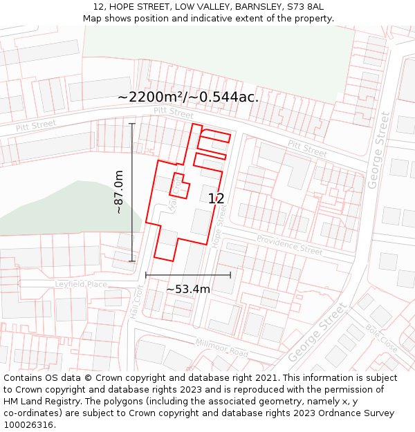 12, HOPE STREET, LOW VALLEY, BARNSLEY, S73 8AL: Plot and title map