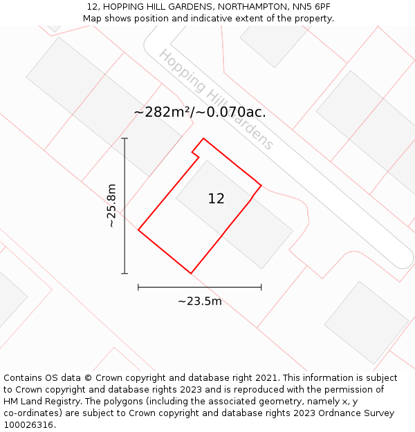 12, HOPPING HILL GARDENS, NORTHAMPTON, NN5 6PF: Plot and title map