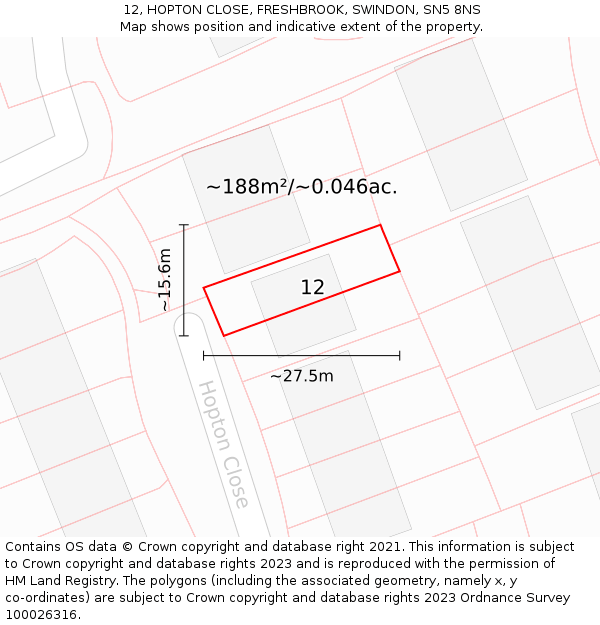12, HOPTON CLOSE, FRESHBROOK, SWINDON, SN5 8NS: Plot and title map