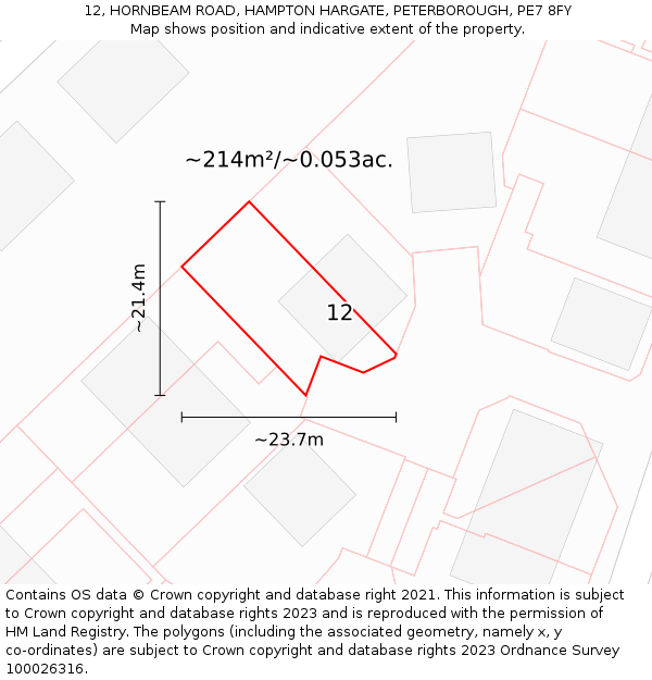 12, HORNBEAM ROAD, HAMPTON HARGATE, PETERBOROUGH, PE7 8FY: Plot and title map