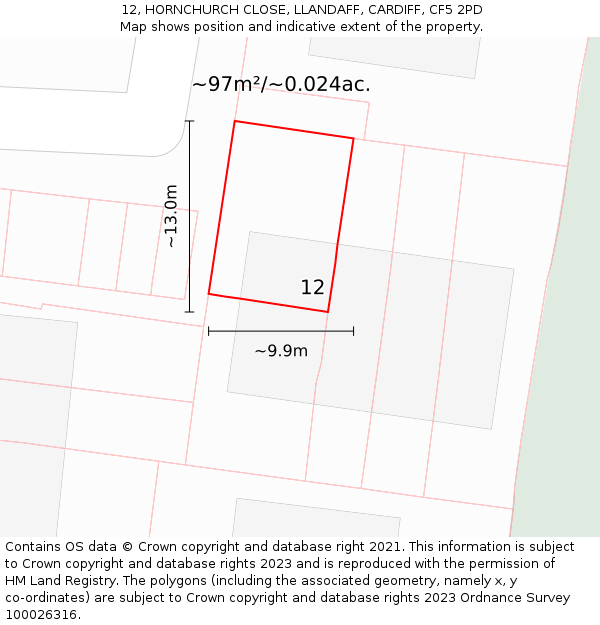 12, HORNCHURCH CLOSE, LLANDAFF, CARDIFF, CF5 2PD: Plot and title map