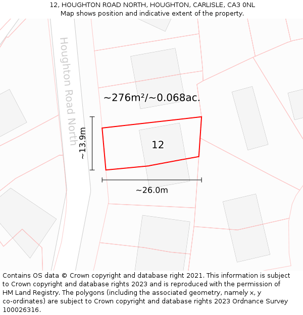 12, HOUGHTON ROAD NORTH, HOUGHTON, CARLISLE, CA3 0NL: Plot and title map