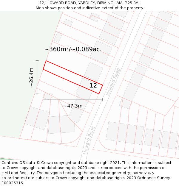 12, HOWARD ROAD, YARDLEY, BIRMINGHAM, B25 8AL: Plot and title map