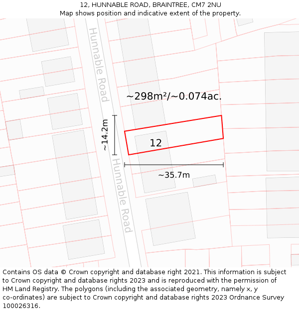 12, HUNNABLE ROAD, BRAINTREE, CM7 2NU: Plot and title map