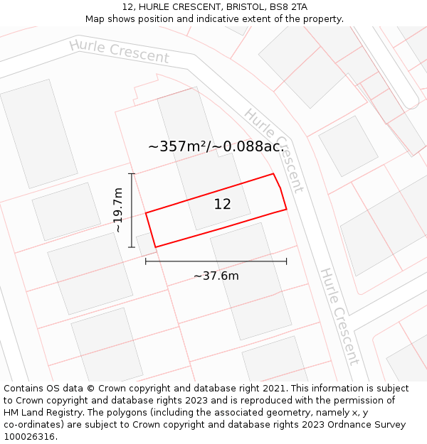 12, HURLE CRESCENT, BRISTOL, BS8 2TA: Plot and title map