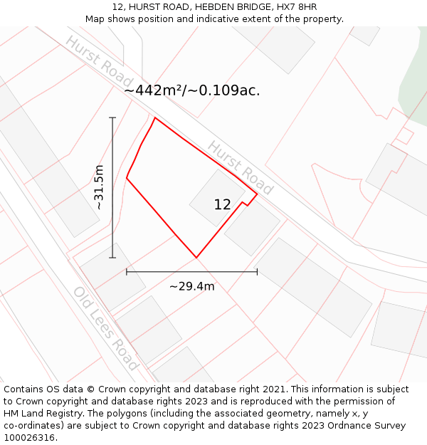 12, HURST ROAD, HEBDEN BRIDGE, HX7 8HR: Plot and title map