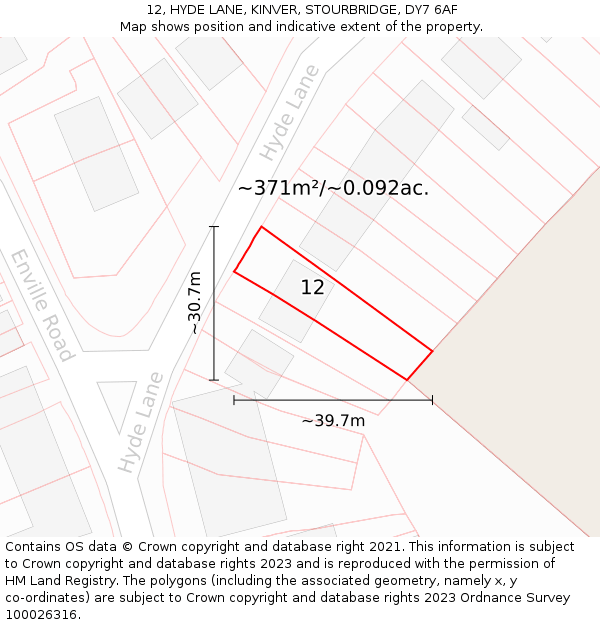 12, HYDE LANE, KINVER, STOURBRIDGE, DY7 6AF: Plot and title map