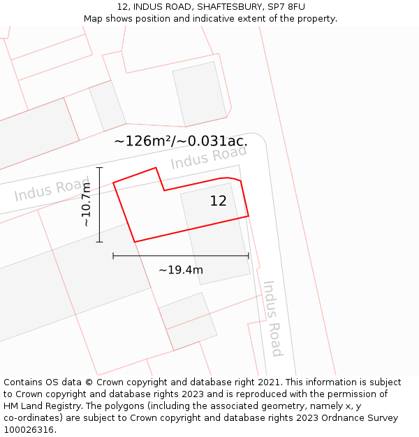 12, INDUS ROAD, SHAFTESBURY, SP7 8FU: Plot and title map