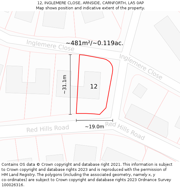 12, INGLEMERE CLOSE, ARNSIDE, CARNFORTH, LA5 0AP: Plot and title map