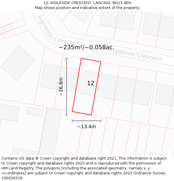 12, INGLESIDE CRESCENT, LANCING, BN15 8EN: Plot and title map