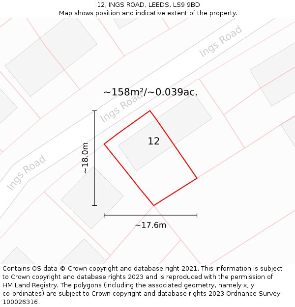 12, INGS ROAD, LEEDS, LS9 9BD: Plot and title map