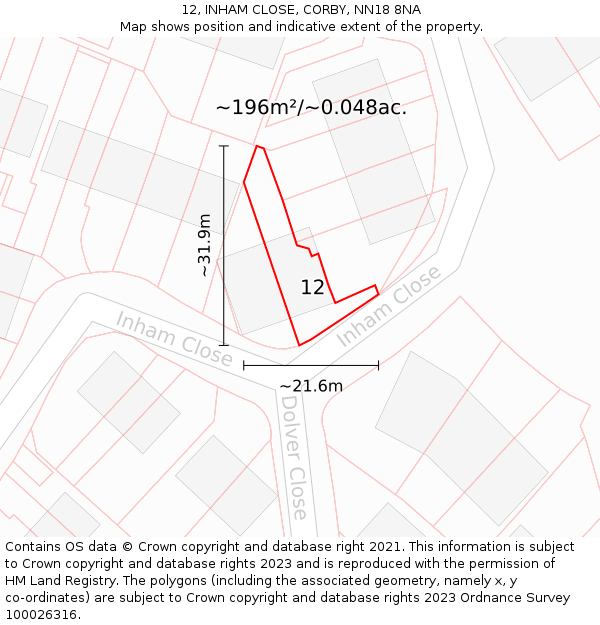 12, INHAM CLOSE, CORBY, NN18 8NA: Plot and title map