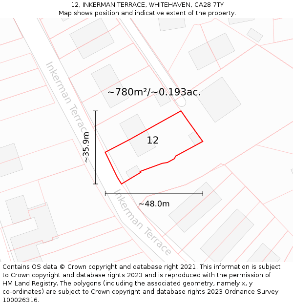 12, INKERMAN TERRACE, WHITEHAVEN, CA28 7TY: Plot and title map