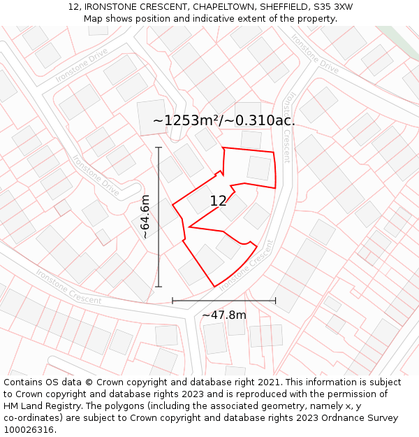 12, IRONSTONE CRESCENT, CHAPELTOWN, SHEFFIELD, S35 3XW: Plot and title map