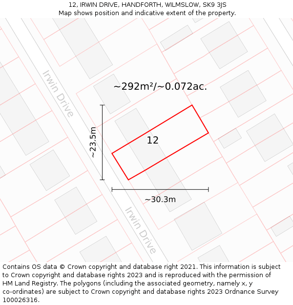 12, IRWIN DRIVE, HANDFORTH, WILMSLOW, SK9 3JS: Plot and title map