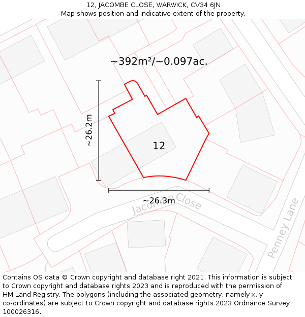 12, JACOMBE CLOSE, WARWICK, CV34 6JN: Plot and title map