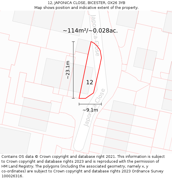 12, JAPONICA CLOSE, BICESTER, OX26 3YB: Plot and title map