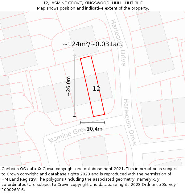 12, JASMINE GROVE, KINGSWOOD, HULL, HU7 3HE: Plot and title map