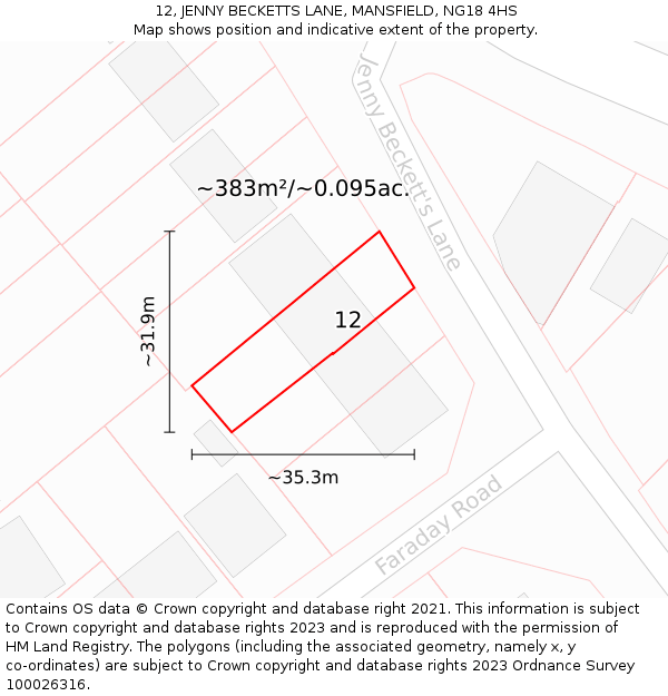 12, JENNY BECKETTS LANE, MANSFIELD, NG18 4HS: Plot and title map