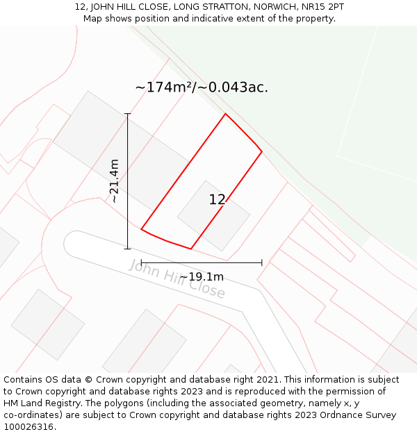 12, JOHN HILL CLOSE, LONG STRATTON, NORWICH, NR15 2PT: Plot and title map