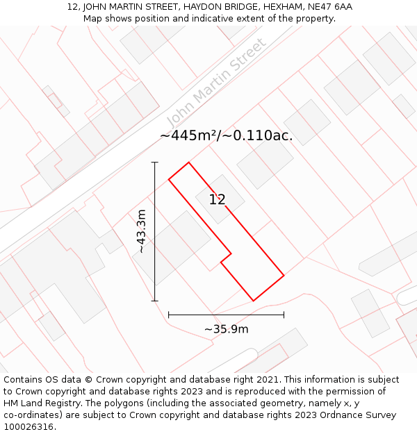 12, JOHN MARTIN STREET, HAYDON BRIDGE, HEXHAM, NE47 6AA: Plot and title map