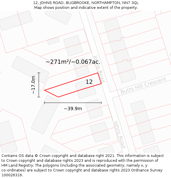 12, JOHNS ROAD, BUGBROOKE, NORTHAMPTON, NN7 3QL: Plot and title map