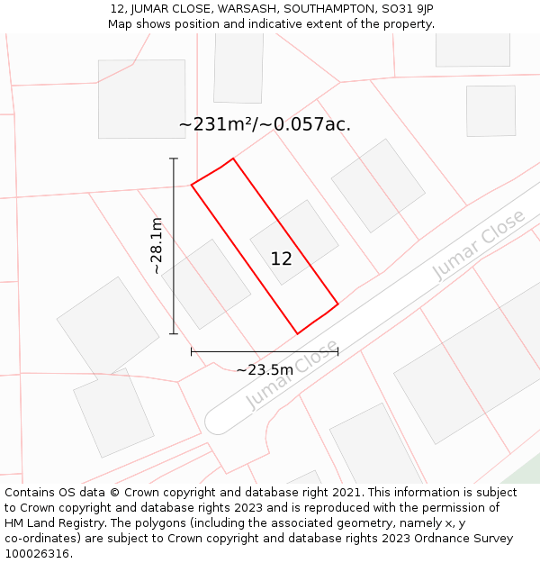 12, JUMAR CLOSE, WARSASH, SOUTHAMPTON, SO31 9JP: Plot and title map