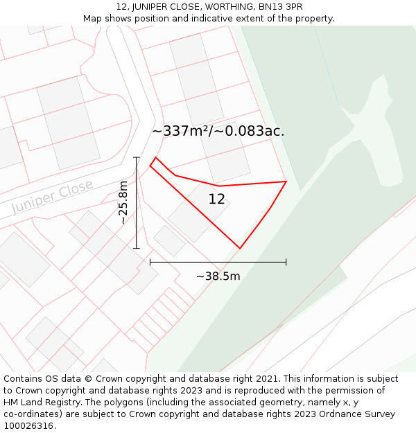 12, JUNIPER CLOSE, WORTHING, BN13 3PR: Plot and title map