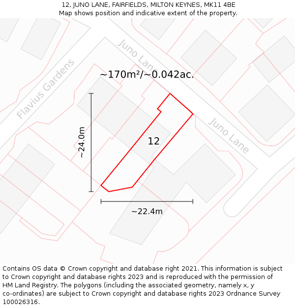 12, JUNO LANE, FAIRFIELDS, MILTON KEYNES, MK11 4BE: Plot and title map