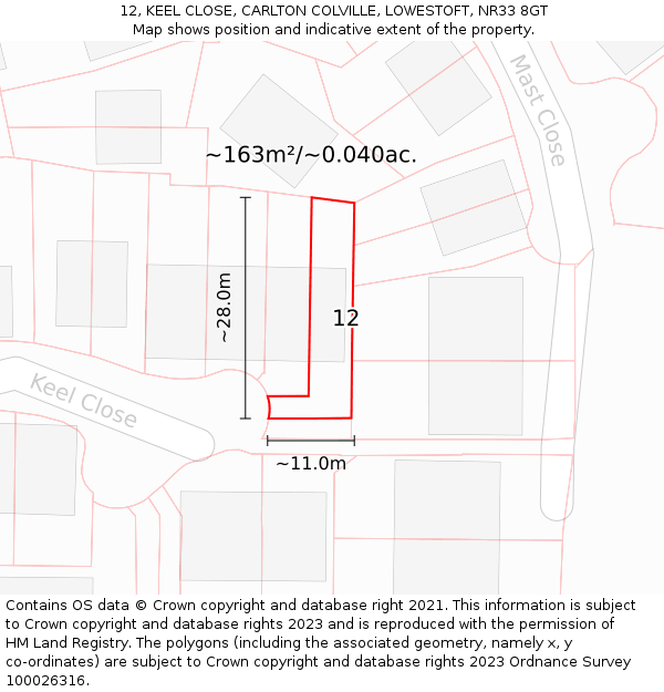 12, KEEL CLOSE, CARLTON COLVILLE, LOWESTOFT, NR33 8GT: Plot and title map