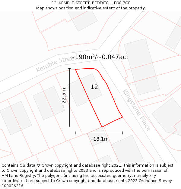 12, KEMBLE STREET, REDDITCH, B98 7GF: Plot and title map