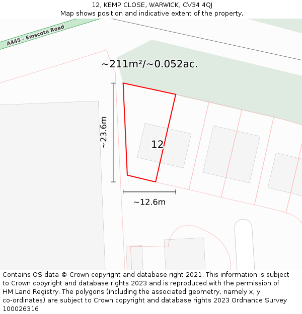 12, KEMP CLOSE, WARWICK, CV34 4QJ: Plot and title map