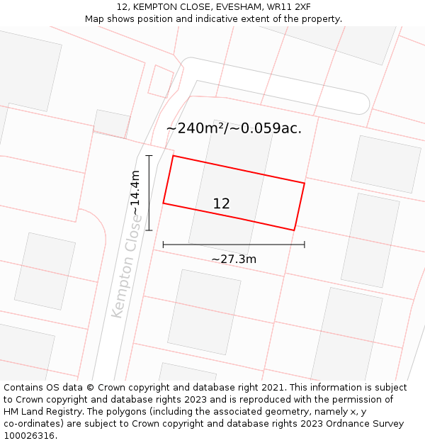 12, KEMPTON CLOSE, EVESHAM, WR11 2XF: Plot and title map