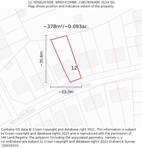 12, KENELM RISE, WINCHCOMBE, CHELTENHAM, GL54 5JU: Plot and title map