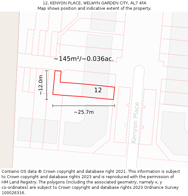 12, KENYON PLACE, WELWYN GARDEN CITY, AL7 4FA: Plot and title map