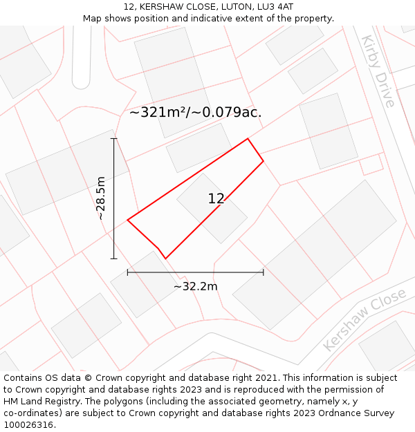 12, KERSHAW CLOSE, LUTON, LU3 4AT: Plot and title map