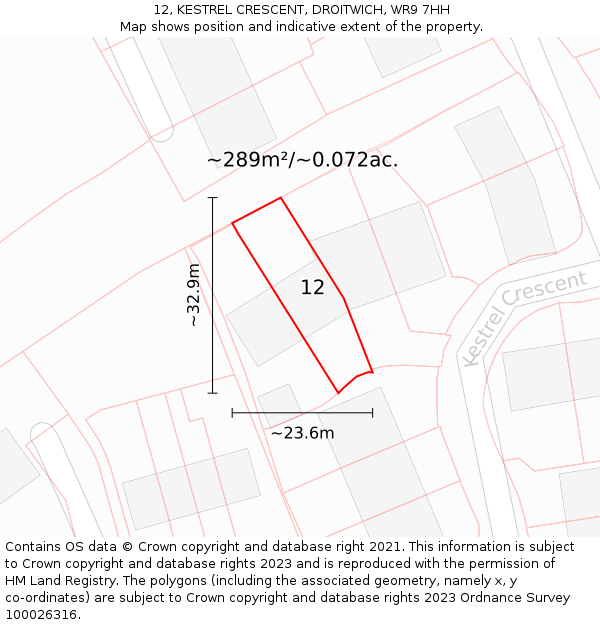 12, KESTREL CRESCENT, DROITWICH, WR9 7HH: Plot and title map