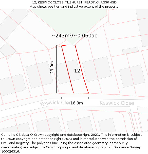 12, KESWICK CLOSE, TILEHURST, READING, RG30 4SD: Plot and title map