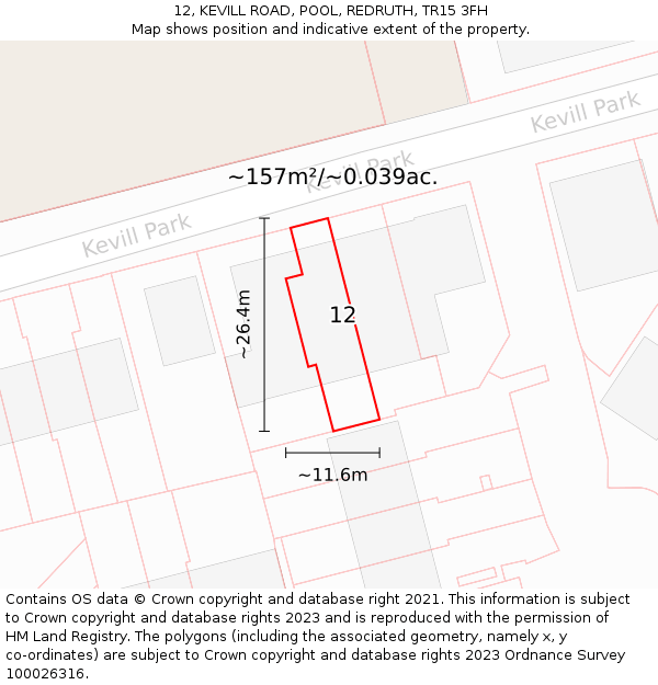 12, KEVILL ROAD, POOL, REDRUTH, TR15 3FH: Plot and title map
