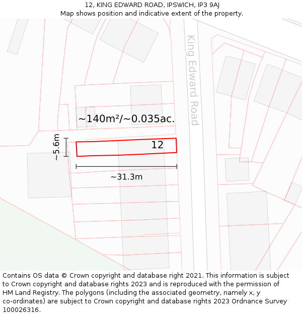 12, KING EDWARD ROAD, IPSWICH, IP3 9AJ: Plot and title map