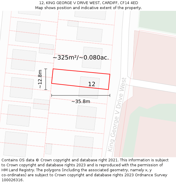 12, KING GEORGE V DRIVE WEST, CARDIFF, CF14 4ED: Plot and title map