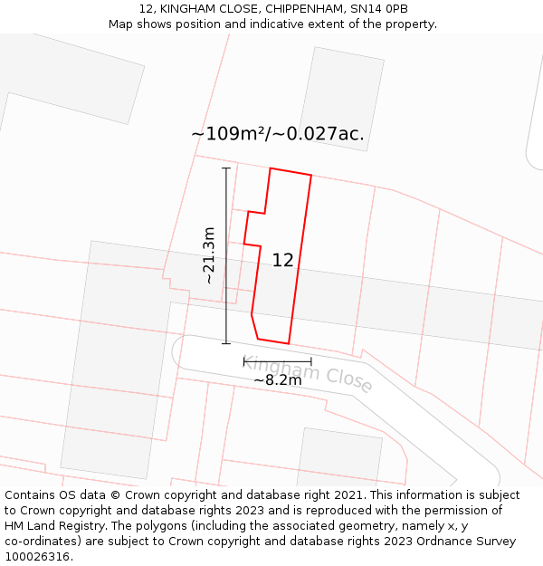 12, KINGHAM CLOSE, CHIPPENHAM, SN14 0PB: Plot and title map