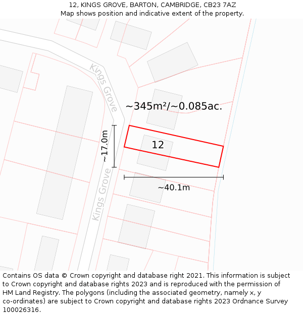 12, KINGS GROVE, BARTON, CAMBRIDGE, CB23 7AZ: Plot and title map
