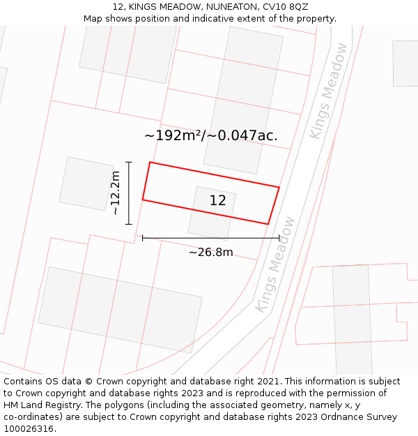 12, KINGS MEADOW, NUNEATON, CV10 8QZ: Plot and title map