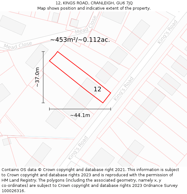12, KINGS ROAD, CRANLEIGH, GU6 7JQ: Plot and title map